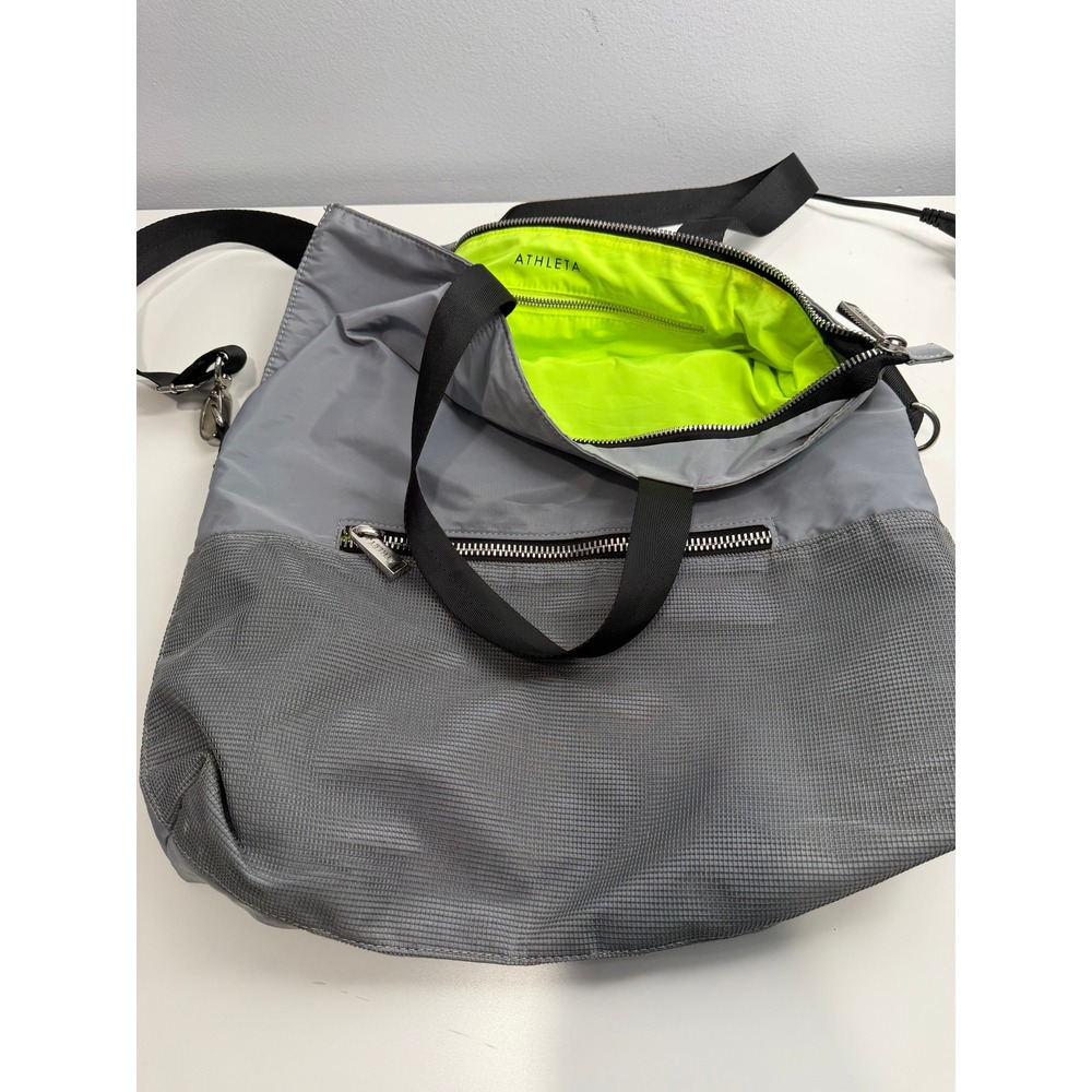 Athleta Gray Nylon Crossbody Tote Bag Neon Yellow Lining Gym Travel Bag